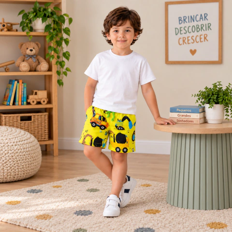 Short Moletom Infantil Amarelo Estampa Tratores