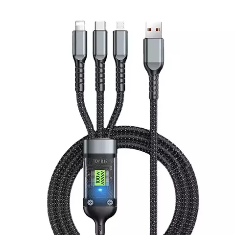 3 em 1 100w cabo de carregamento super rápido transparente para iphone, huawei, samsung, xiaomi piloto lâmpada carregador usb c