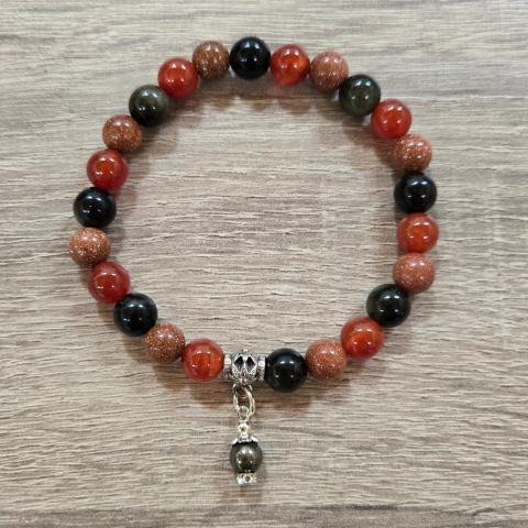 Pulsera de piedra obsidiana dorada, agata cornalina y goldstone. Dije de piedra pirita