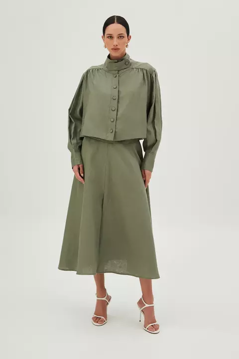 SAIA MIDI COM COS LARGO E FENDA FRONTAL VERDE EXERCITO