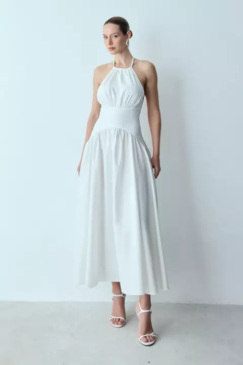 VESTIDO MIDI AMARRACAO COSTAS E PESCOCO BARRA AMPLA OFF WHITE