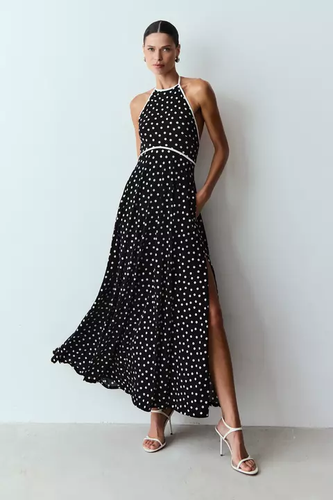 VESTIDO MIDI FRENTE UNICA COM SOBREPOSICAO BUSTO PRETO (POÁ)