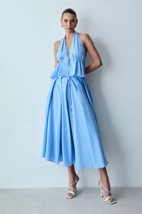 SAIA MIDI BARRA AMPLA E COS LARGO LISTRADO AZUL