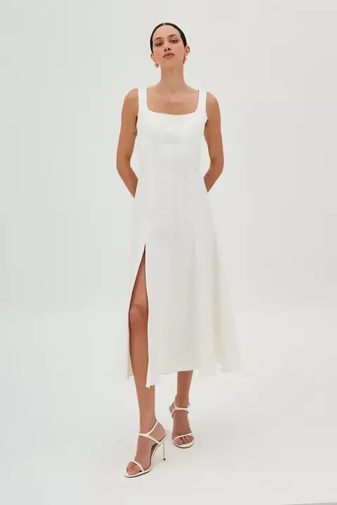 VESTIDO MIDI RECORTE BUSTO ACINTURADO ALCA LARGA OFF WHITE