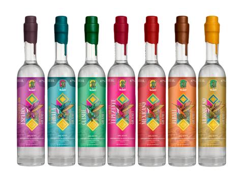 COLECCION DE LOS 7 COLIBRÍES (ESPADÍN, TOBALÁ, CIUSHE, TEPEZTATE, MEXICANO, JABALÍ y ARROQUEÑO) Reposado en Vidrio 7 Lunas - 1 L. - comprar en línea