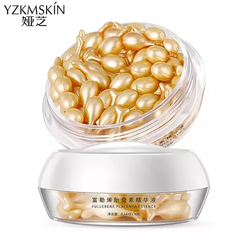 Cápsulas de Essência Facial Iluminadora Fullerene Placenta; soro hidratante nutritivo, vitamina e ácido hialurônico.
