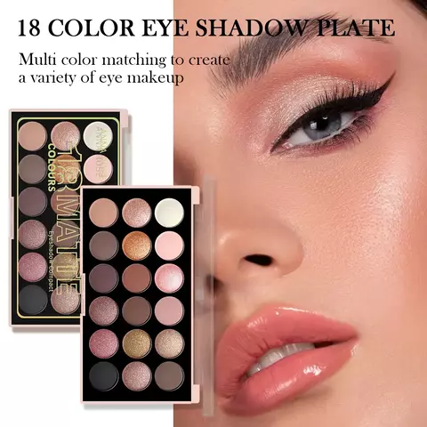 Paleta de sombras de 18 núcleos – Perolada, fosca, tons de terra, de longa duração e desempenho.