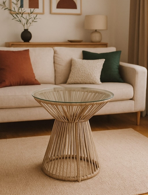 Mesa Redonda com Tampo de Vidro 8 mm – Estrutura em Alumínio e Trançado Artesanal com Corda Náutica