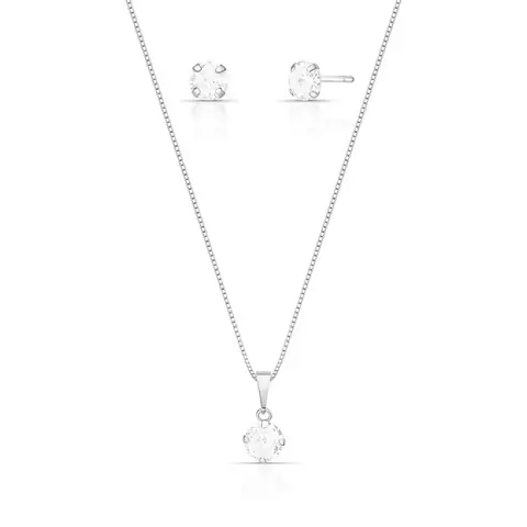 CONJUNTO BRINCO E CORRENTE CRISTAL REDONDO PRATA LISA