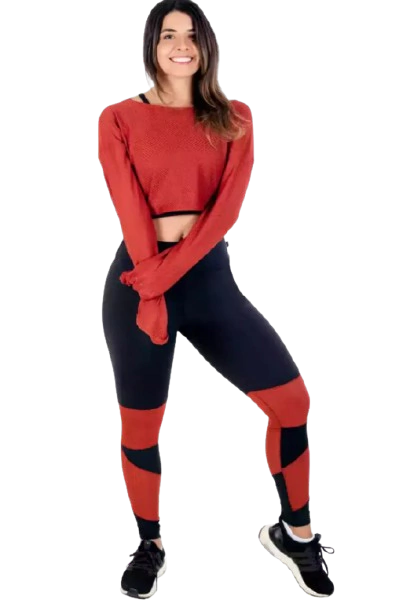 Calça Legging + Cropped de Telinha Manga Longa com Detalhes em Terra Cota Conjunto Fitness | REF: LX147