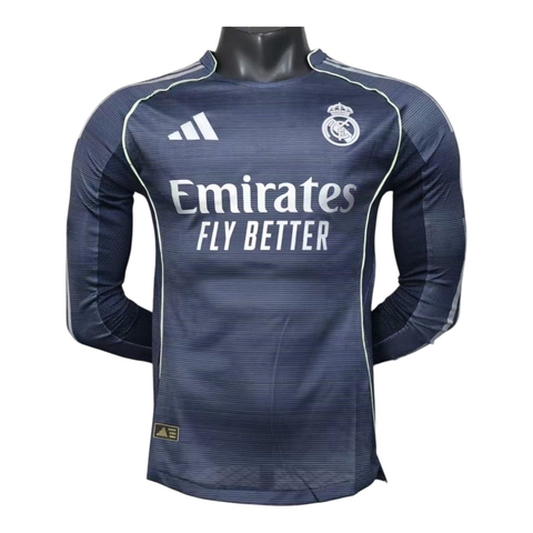 Camisa Real Madrid II 25/26 manga longa - Jogador Adidas Masculina - Azul com detalhes em amarelo