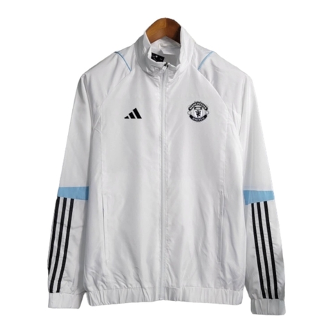 Jaqueta Corta-Vento Manchester United 23/24 - Masculina Adidas - Branca com detalhes em azul e preto