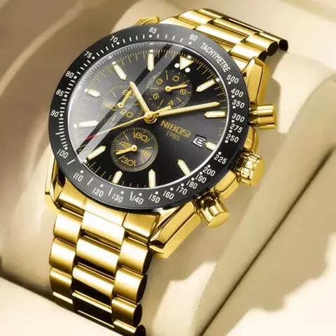 Nibosi relógio de quartzo dos homens, aço inoxidável, com cronógrafo, cara g