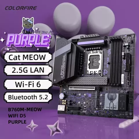 COLORFIRE B760M-MEOW WIFI D5 purple Intel B760 DDR5 4 dimms M.2 slots 2.5G Wi-Fi 6 purple Cat ARGB PCIe 5.0 motherboard