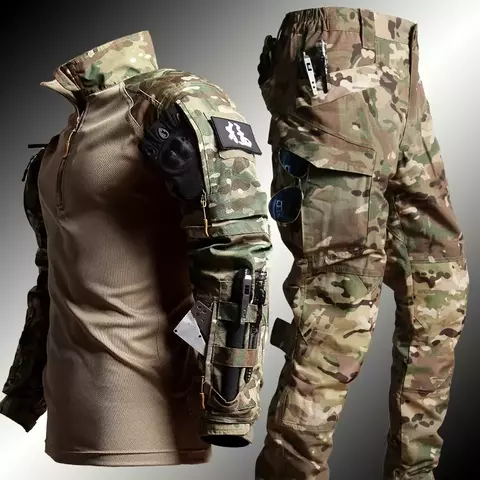 Uniforme tático masculino em camuflagem, ideal para atividades ao ar livre. Conjunto completo com camisa e calça, perfeito para caça, treinamento, pesca, airsoft e paintball. - comprar online