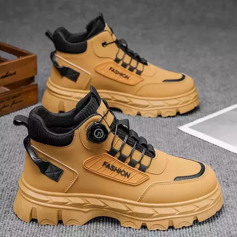 Botas masculinas de couro de luxo com design moderno. Perfeitas para inverno, trabalho ao ar livre ou uso casual, com plataforma confortável e proteção para o tornozelo. - comprar online