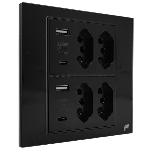 Tomada 4x4 Preto Novadigital WK-4T-B 4 Entradas USB e Tipo C 20A