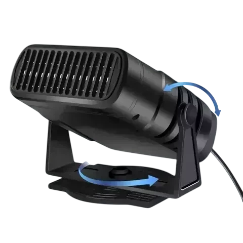 Ar condicionado portátil Turbo Max em cor preta com suporte ajustável, mostrando capacidade de rotação horizontal de 360 graus e inclinação vertical de 90 graus.