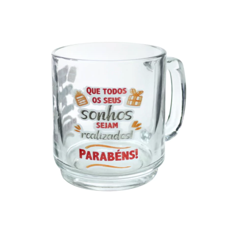 Caneca de Vidro Transparente Com Frase de Parabéns 320ml