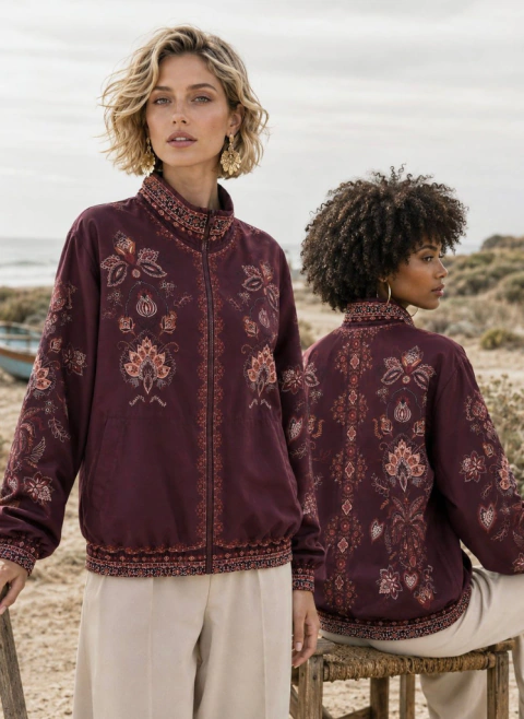 Jaqueta Bomber Estampada Boho - Vinho