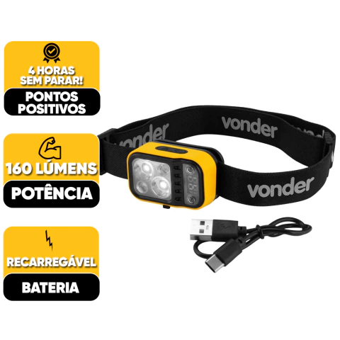 Lanterna de Led Vonder LCV 220 para Cabeça Recarregável 160 Lúmens com Cabo Sensor