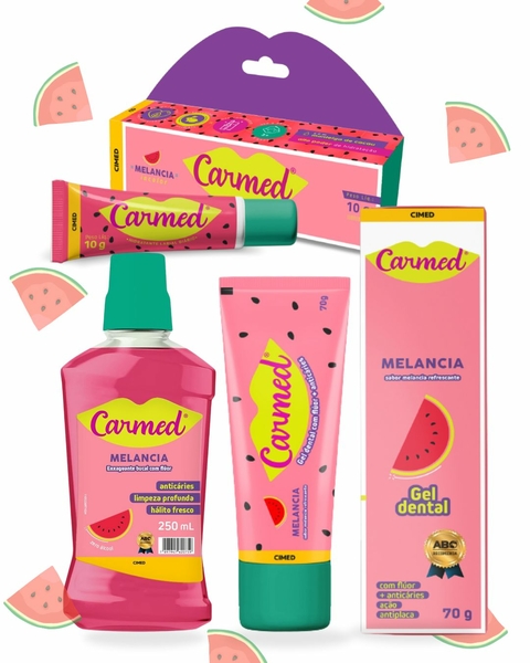 Kit Carmed Melância Hidratante Labial + Enxaguante Bucal + Gel Dental