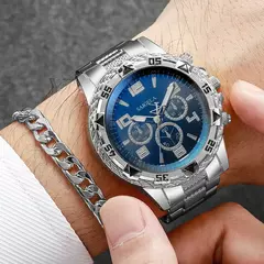 3 pçs moda masculina relógios de negócios luxo banda aço masculino analógic - Nobre Homem 