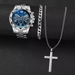 3 pçs moda masculina relógios de negócios luxo banda aço masculino analógic - Nobre Homem 