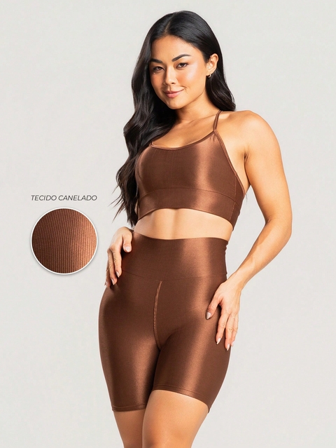 Conjunto fitness canelado academia top e short feminino com brilho premium