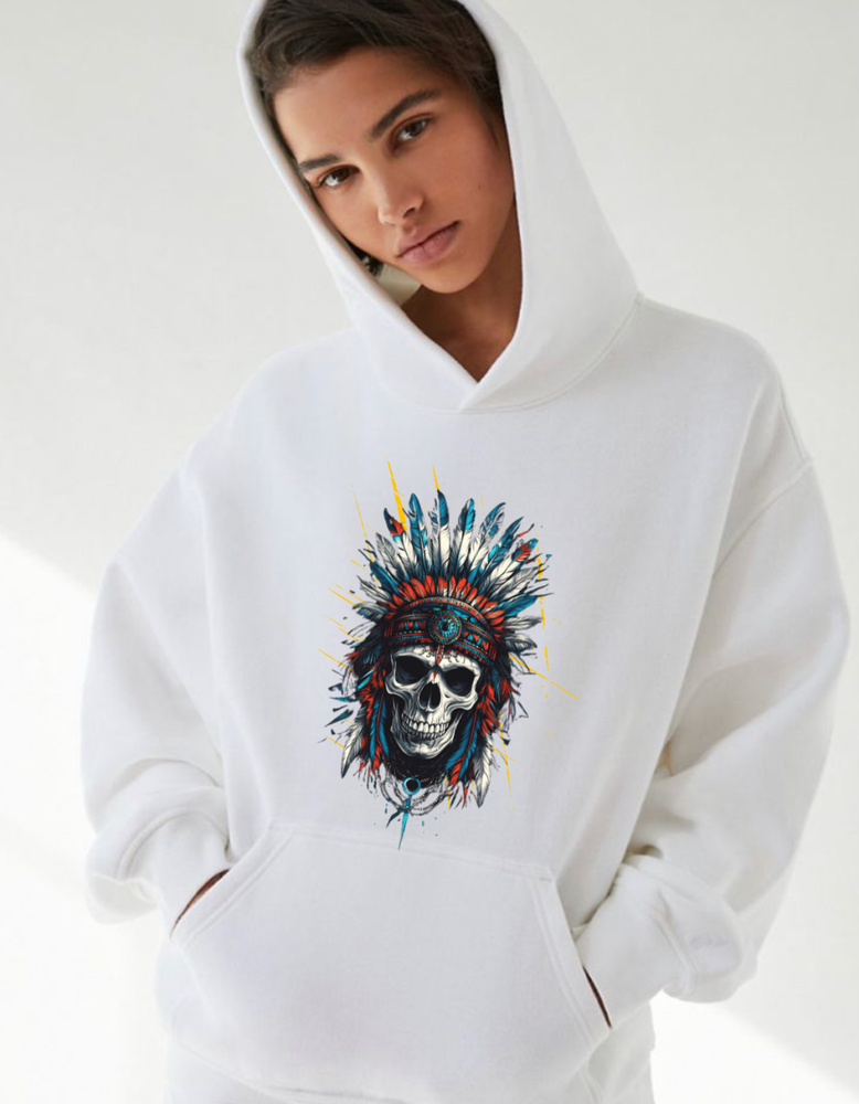 Moletom Canguru com Capuz caveira indígena branca Mokko