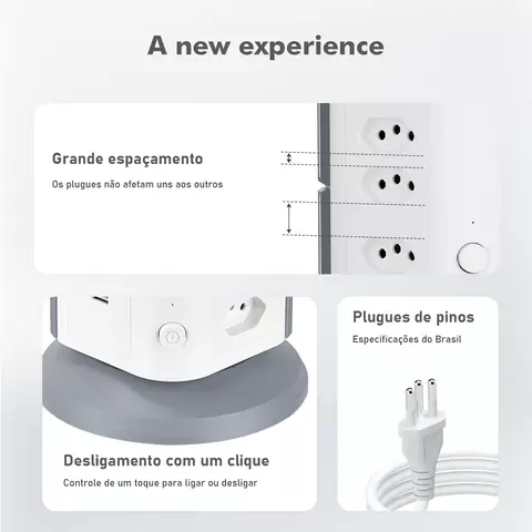 Filtro de Linha Vertical com USB - 2200W, Proteção Infantil e Espaçamento Amp