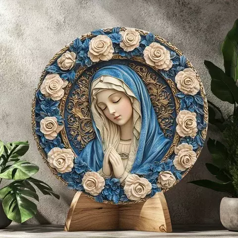 Decoracao de Parede Nossa Senhora com Rosas Azuis e Dourado - comprar online