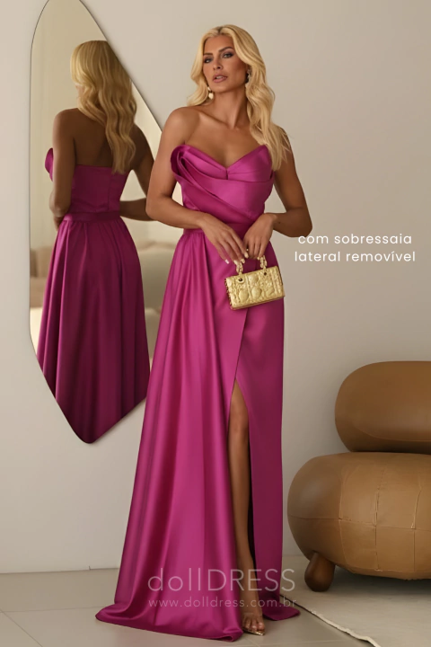 Vestido de Festa Longo Fúcsia 2 em 1 em Cetim – Maitê