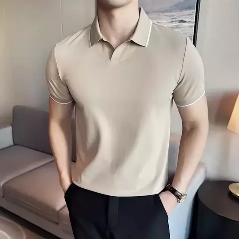 Camisa polo masculina verão luz fina estilo britânico sólido casual fino ajus