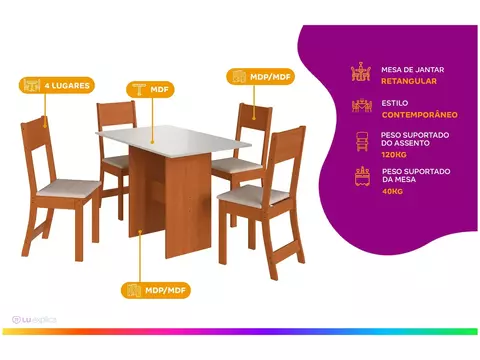 Mesa de Jantar 4 Cadeiras Retangular