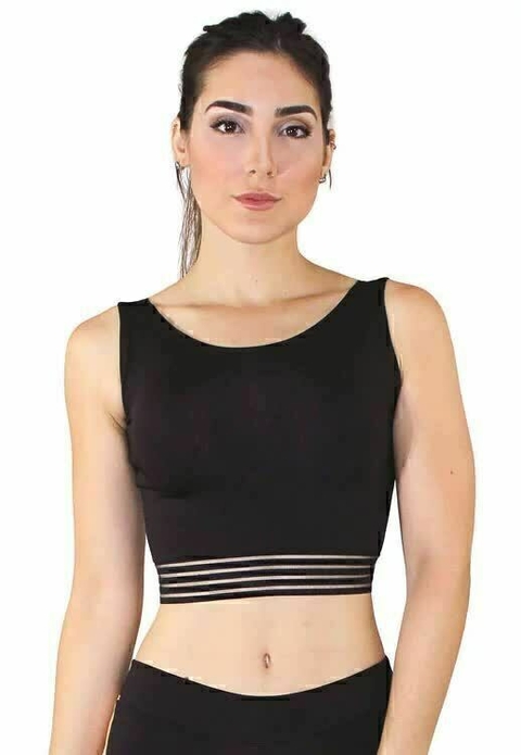 Cropped Fitness Preto Detalhe Elástico Preto Top | REF: CC18
