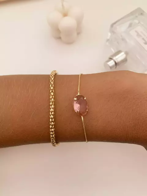 Pulseira Oval Rosa Fucsia Banhado a Ouro