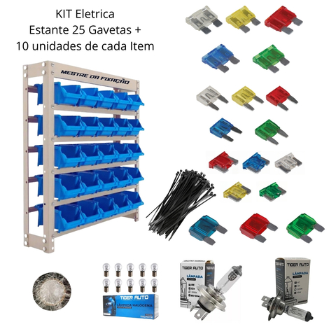 Kit Elétrico 25 Itens Estante Fusíveis Lâmpada Fita Abraçade