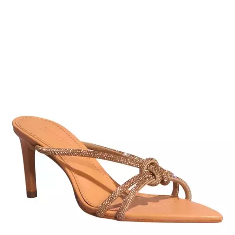 Mule Bico Folha Strass Brilhante Salto Fino Bege Original da Santa Lolla 05980