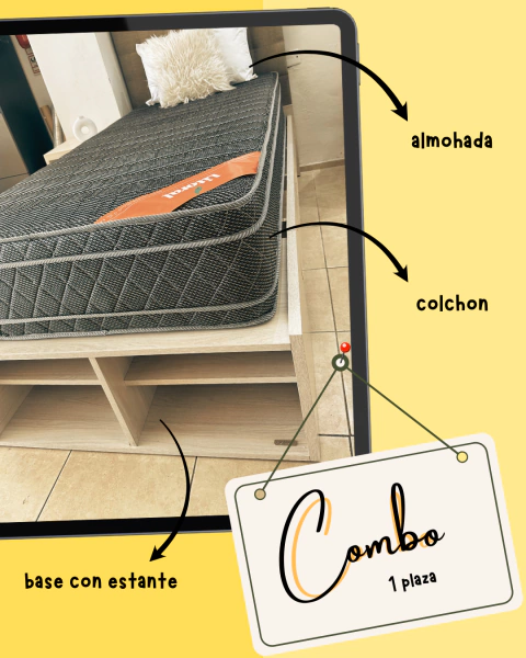 Combo Colchon espuma+base con estante+almohada 90x190