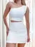 Conjunto Feminino em Alfaiataria Short Saia e Cropped Alça Única com Flor Vivi