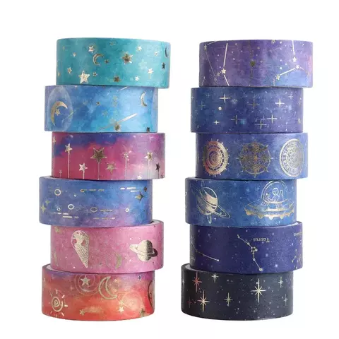 Conjunto 12 Fitas Washi Noite Estrelada – Galáxia, Constelações, Lua e Estrelas | VALIOSOPA