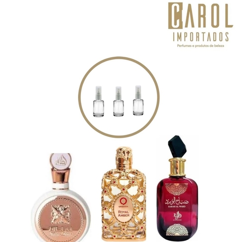 KIT 5ML ÁRABE FAKHAR ROSÈ + ROYAL AMBER + SABAH AL WARD