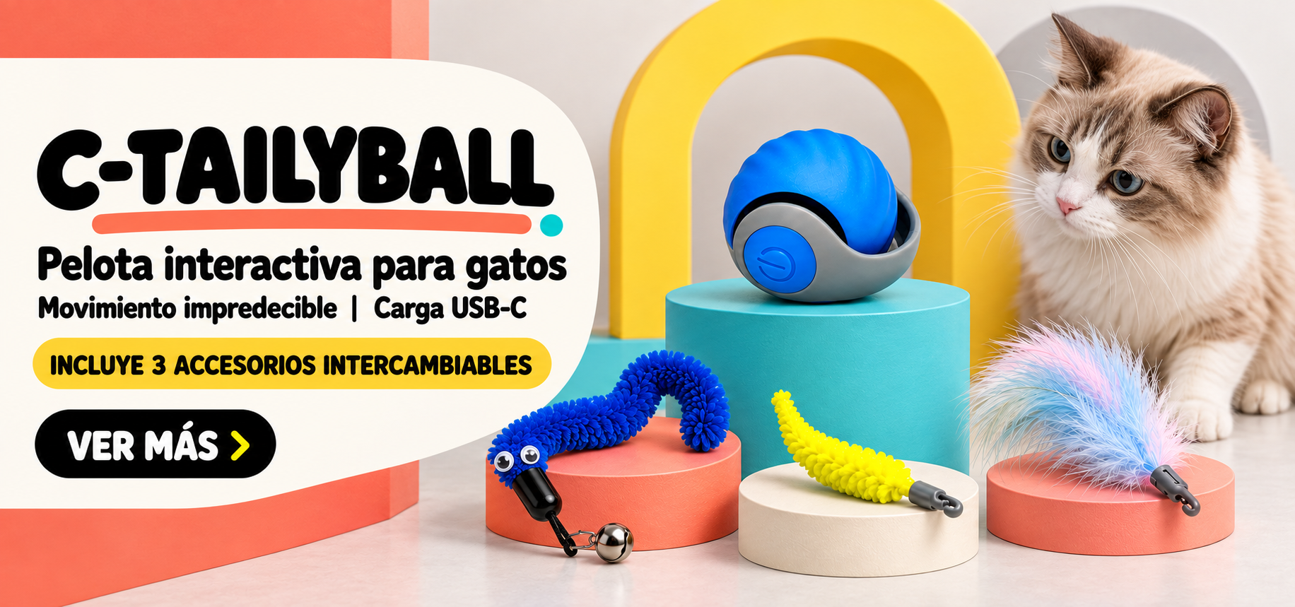 C-Tailyball, pelota interactiva para gatos con tres accesorios intercambiables
