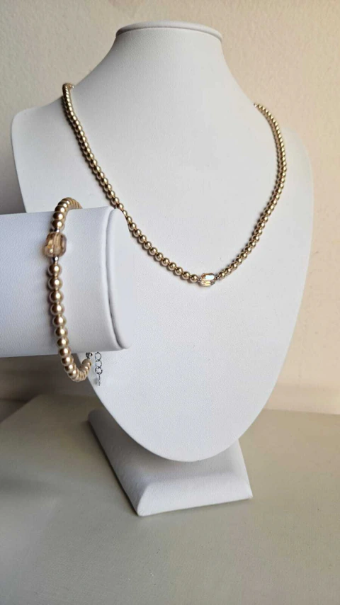 Conjunto Colar e Pulseira de Pérola Shell Dourada e Cristal Rolete Doce de Leite