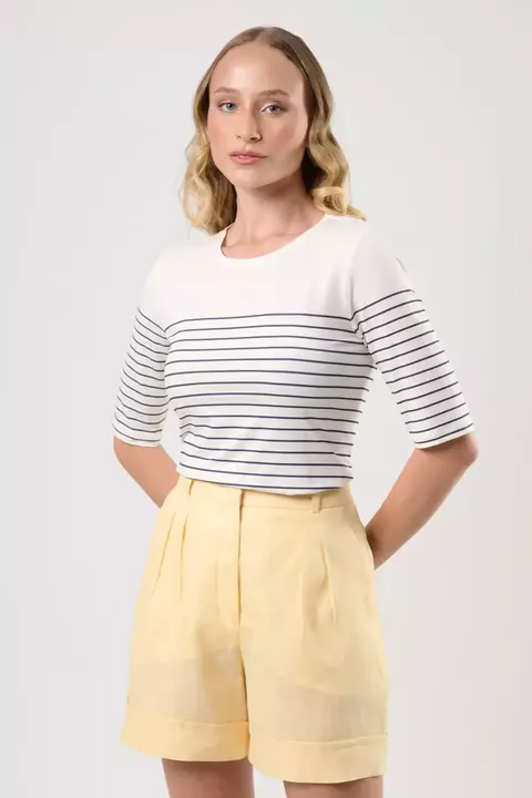 T-SHIRT MANGA ALONGADA GOLA CARECA MODAL PREMIUM LISTRADA OFF-WHITE E MARINHO - comprar online