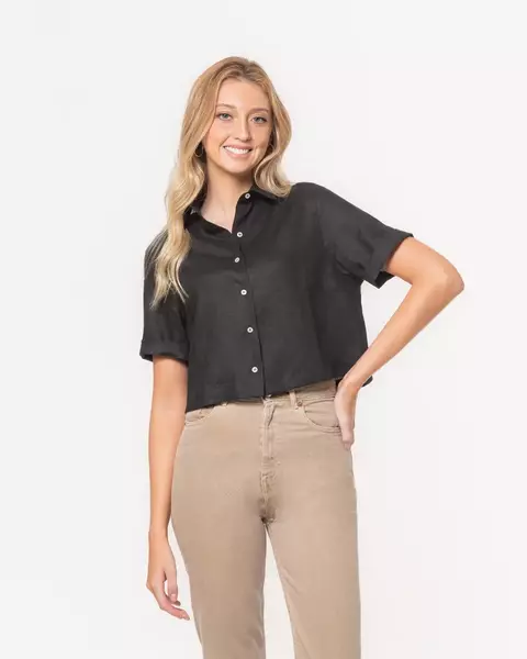 CAMISA CROPPED MANGA CURTA LINHO PRETA - comprar online