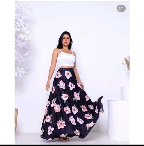 Polleras Plisadas ESTAMPADAS LARGAS (Flor Rosa) - comprar online