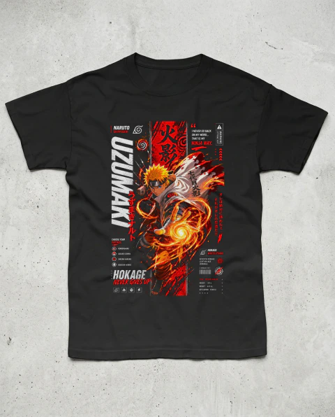 Remera Naruto Uzumaki Hokage Negra/Blanca | Naruto Shippuden Algodón Premium