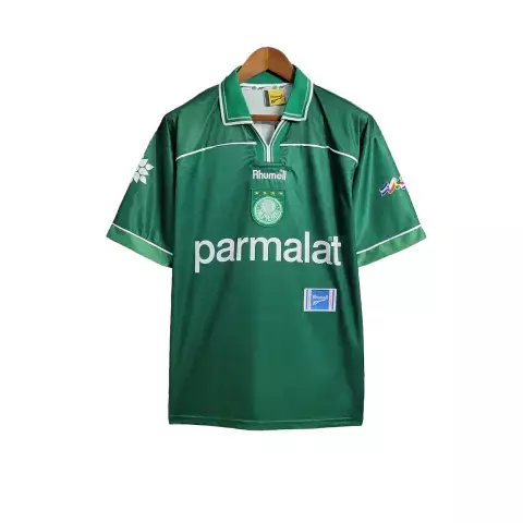 Camisa retrô verde do Palmeiras edição especial 100 anos masculina da marca Rhumell com logo da Parmalat na frente